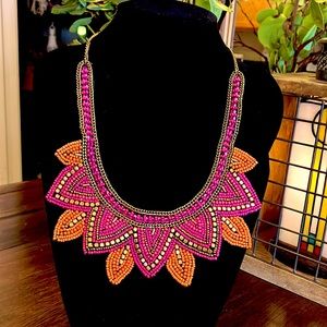 Beaded boho,  Orange and pink bib statement necklace.
